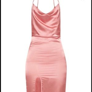 Rose strappy satin cowl midi dress